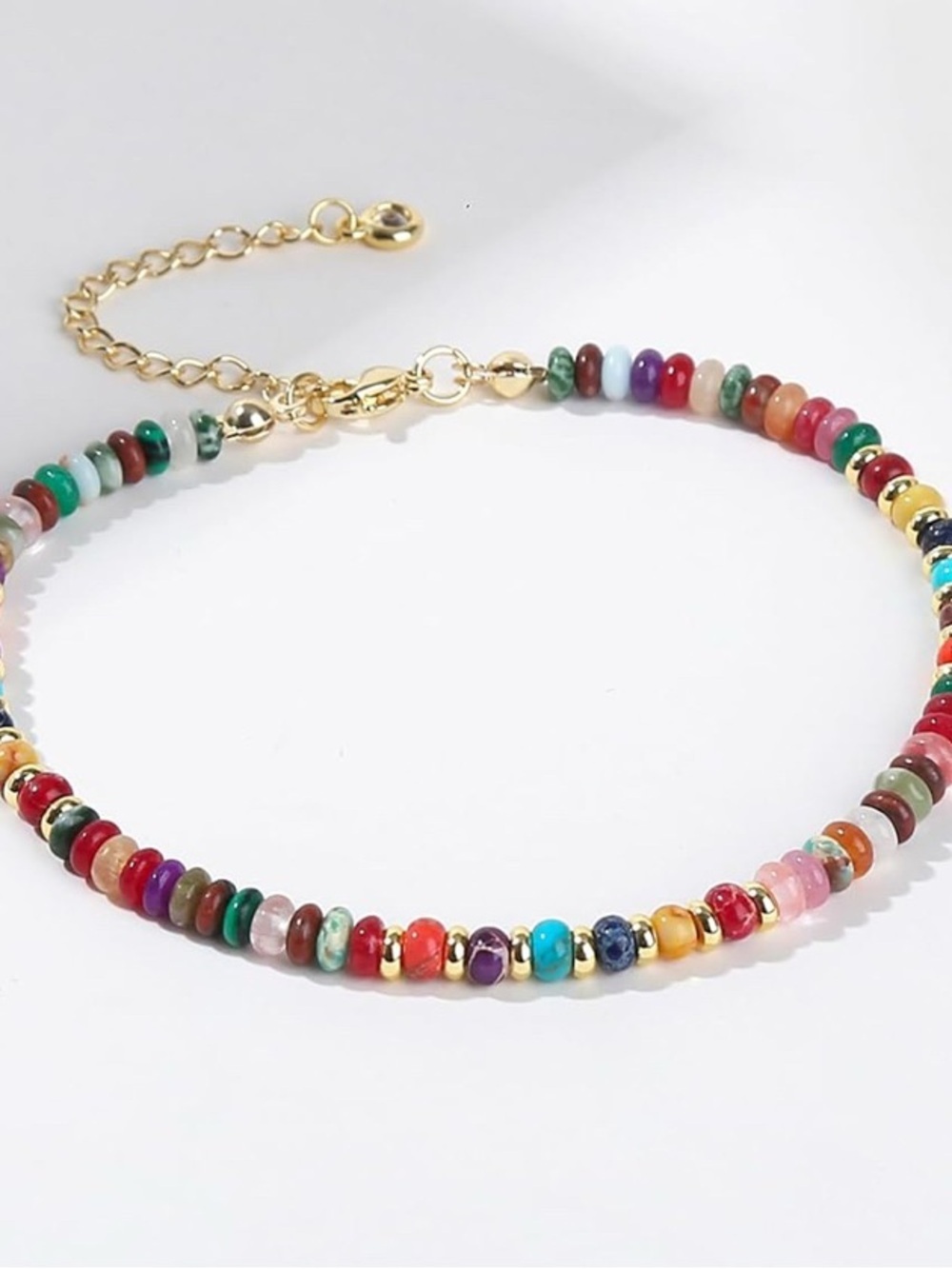 Bohemian Natural Stone Multicolor Beaded Ankle Bracelet with Gold Accents